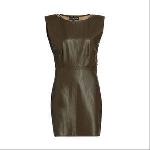 NWT En Saison ‘Lana’ Padded Shoulder Vegan Leather Mini Dress in Olive Green S